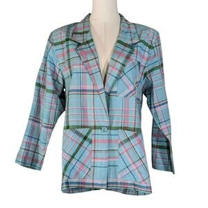 Vintage Pinot Noir Pastel Plaid Blazer Preppy 80s Power Dressing Cotton Large